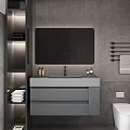 Modern Bathroom Interior Design With Gray Vanity Mirror Storage Cabinet And Wall Tiles