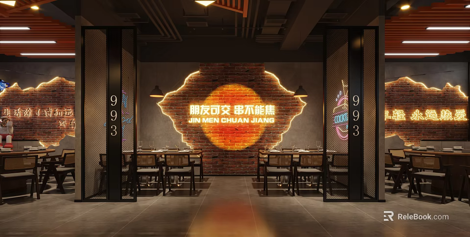 Min Men Chuan Jiao Skewer Restaurant Interior with Brick Wall Neon Sign and Tables Chairs 3d model 