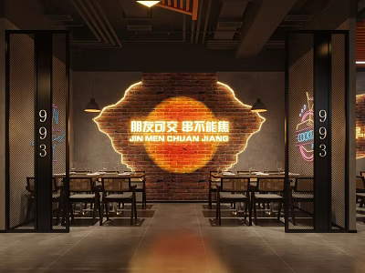 Min Men Chuan Jiao Skewer Restaurant Interior with Brick Wall Neon Sign and Tables Chairs 3d model