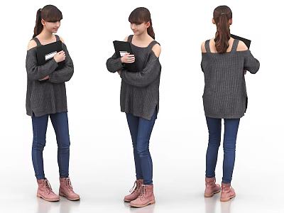 Woman In Gray Off Shoulder Sweater Blue Jeans Pink Boots Holding Black Laptop Three Views 3d model