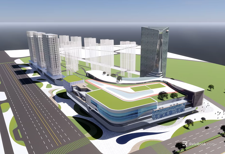 Modern Commercial Complex With Green Roof Tall Buildings And Urban Landscaping 3d model 