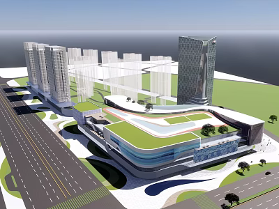 Modern Commercial Complex With Green Roof Tall Buildings And Urban Landscaping 3d model