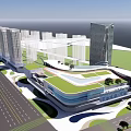 Modern Commercial Complex With Green Roof Tall Buildings And Urban Landscaping