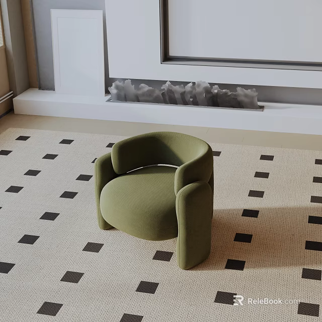 Green Upholstered Accent Chair With Curved Arms On Black And White Checkered Rug By Fireplace 3d model 