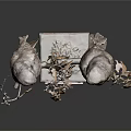 Perched Owls on Branch with Yellow Leaves and Wooden Base in Dark Background