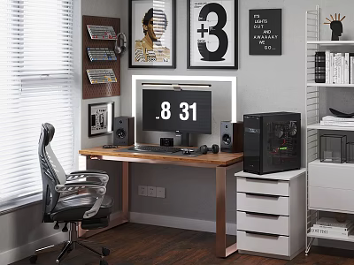 Modern Home Office With Wooden Desk Ergonomic Chair Computer Wall Art And Bookshelf 3d model