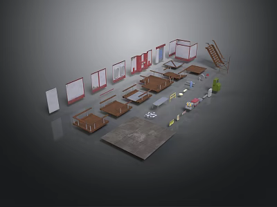 Scenic Landscape With 3D Architectural Models Roofs Walls Ladders And Green Plants 3d model