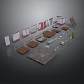 Scenic Landscape With 3D Architectural Models Roofs Walls Ladders And Green Plants