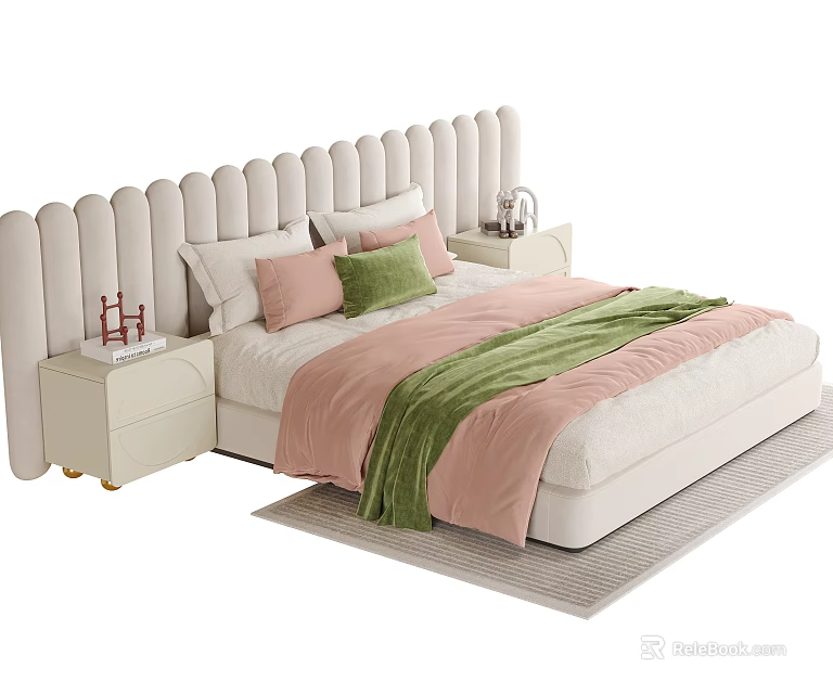 Modern Double Bed With Wavy Headboard Pink Green Pillows And Bedside Tables 3d model 
