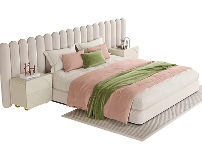 Modern Double Bed With Wavy Headboard Pink Green Pillows And Bedside Tables 3d model