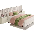Modern Double Bed With Wavy Headboard Pink Green Pillows And Bedside Tables