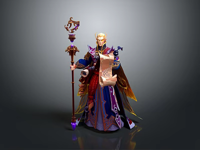 Fantasy Character In Elaborate Purple Red Attire Holding Ornate Staff And Scroll 3d model