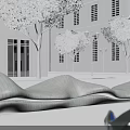Modern Curved Landscape Seating with Trees and Street Lamps Near White Building