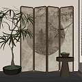 Middle ancient style screen partition side a few green plants potted plants 3d model