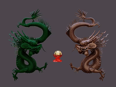 Two Decorative Dragons Green and Brown With Golden Ball in Center 3d model