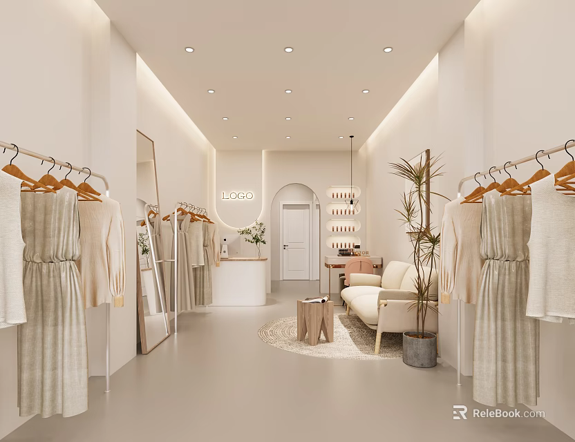 Minimalist Clothing Store Interior With Hanging Dresses Racks Mirror Sofa And Plant 3d model 