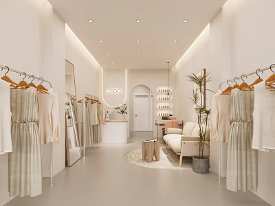 Minimalist Clothing Store Interior With Hanging Dresses Racks Mirror Sofa And Plant 3d model