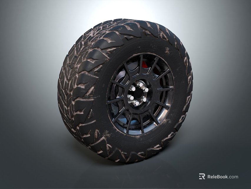 Black Off Road Tire With Deep Tread Pattern And Metal Rim Design 3d model 