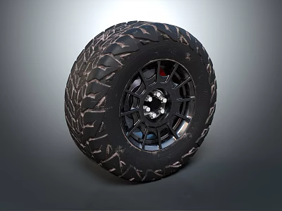 Black Off Road Tire With Deep Tread Pattern And Metal Rim Design 3d model