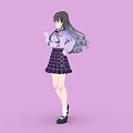 Anime Girl with Long Black Hair Twin Ponytails Purple Shirt Bow Plaid Skirt Lavender Background