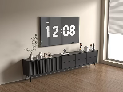 Modern Black TV Stand With Drawers And Decorative Vases On Wooden Floor 3d model