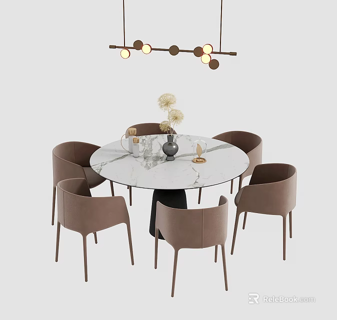 Round Marble Top Dining Table Set With Beige Chairs And Hanging Pendant Light 3d model