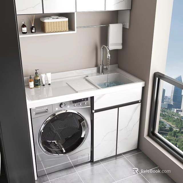 Modern Bathroom Cabinet with Marble Countertop Sink Faucet Washing Machine Shelf and Window City View 3d model 
