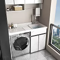 Modern Bathroom Cabinet with Marble Countertop Sink Faucet Washing Machine Shelf and Window City View