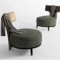 Modern Single Sofa Round Design Olive Green Fabric Brown Leather Armrests Black White Checkered Throw