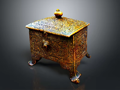Antique Decorative Chest With Intricate Carvings Golden Finish And Claw Feet 3d model