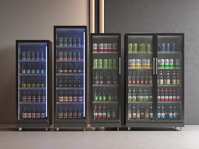 Black Upright Beverage Refrigerators Filled With Various Colorful Drinks Arranged Together 3d model