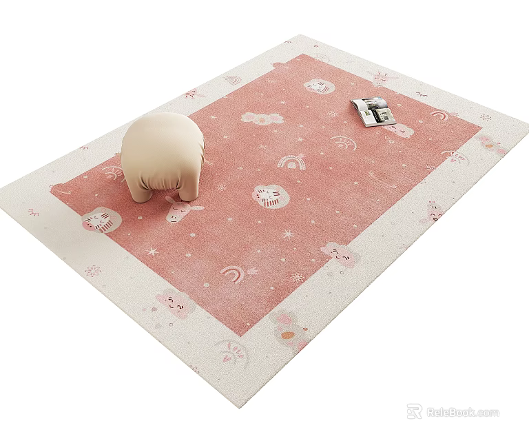 Pink Square Rug With Cartoon Cloud Moon Star Bunny Patterns And Beige Cushion 3d model 