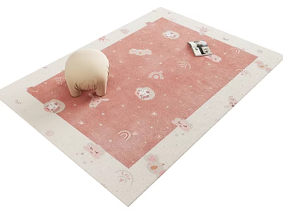 Pink Square Rug With Cartoon Cloud Moon Star Bunny Patterns And Beige Cushion 3d model