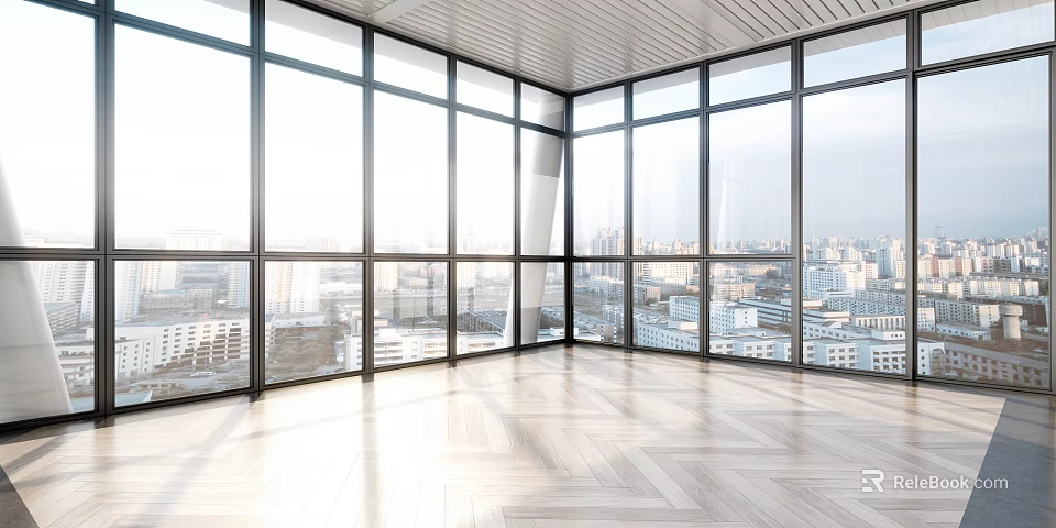 Spacious Bright Home Balcony With Large Windows And City View Wooden Flooring 3d model 