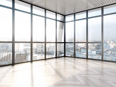 Spacious Bright Home Balcony With Large Windows And City View Wooden Flooring 3d model