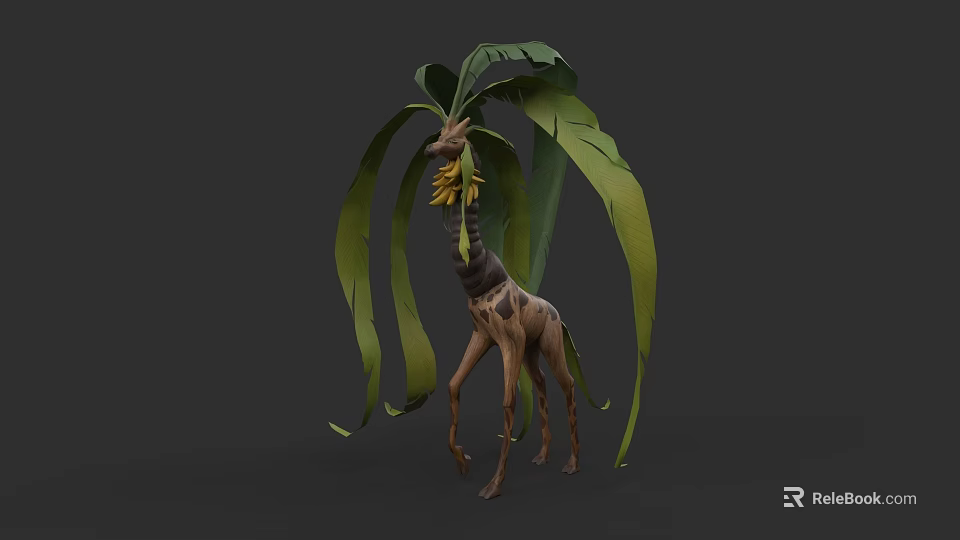 Giraffe Standing Among Green Leaves With Yellow Flowers In Dark Background 3d model 