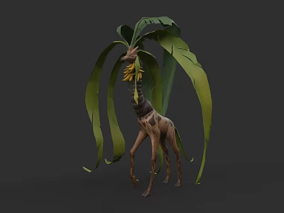 Giraffe Standing Among Green Leaves With Yellow Flowers In Dark Background 3d model