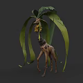 Giraffe Standing Among Green Leaves With Yellow Flowers In Dark Background