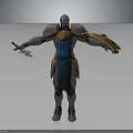 Fantasy Armored Character 3D Model With Arms Outstretched And Blue Gold Accents