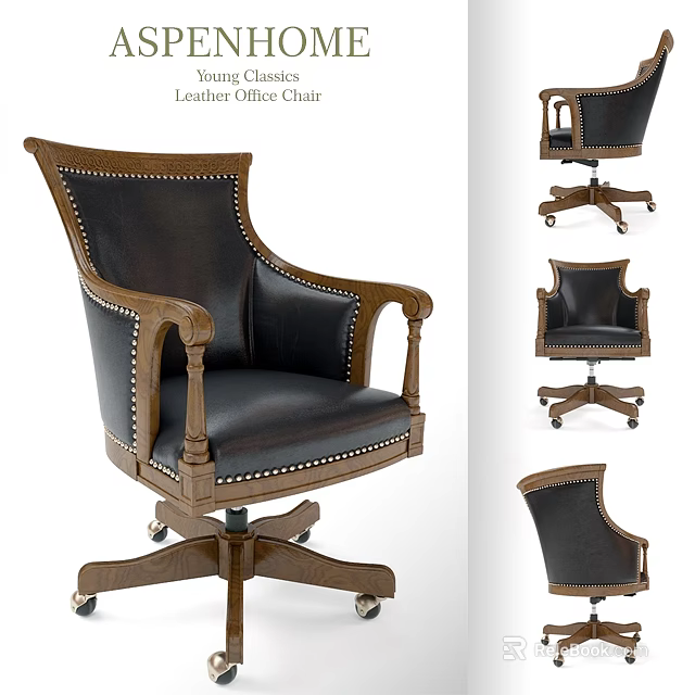 Leather Office Chair With Wooden Studded Arms And Swivel Rolling Base 3d model 