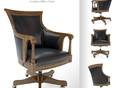 Leather Office Chair With Wooden Studded Arms And Swivel Rolling Base 3d model