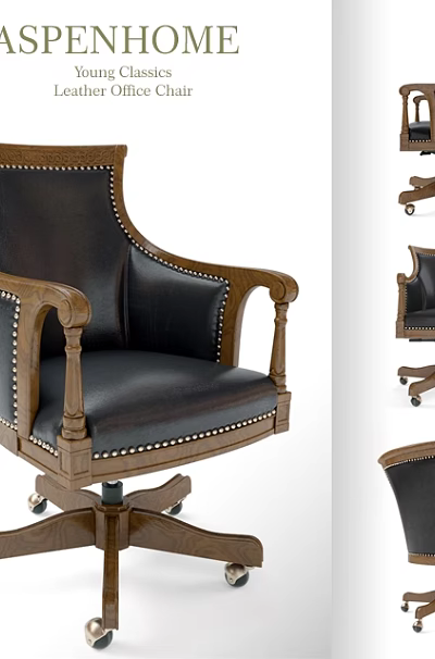 Leather Office Chair With Wooden Studded Arms And Swivel Rolling Base 3d model