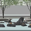 Garden Ornaments Featuring Circular Tree Islands Water Pond Rocks and Lawn on Stone Slabs