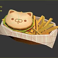 Cat Shaped Burger With French Fries In Basket And Pink Striped Napkin