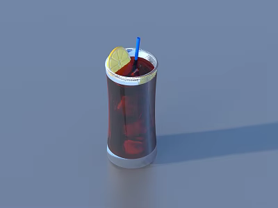 Dark Drink In Highball Glass With Lemon Slice Ice Cubes Blue Straw On Gray Background 3d model