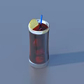 Dark Drink In Highball Glass With Lemon Slice Ice Cubes Blue Straw On Gray Background