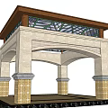 Square Wooden Pavilion Structure With Roof Frame Columns And Patterned Floor Tiles