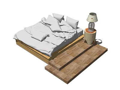 Double Bed With Wooden Frame White Sheets Pillows Side Nightstand And Lamp On Wooden Platform 3d model