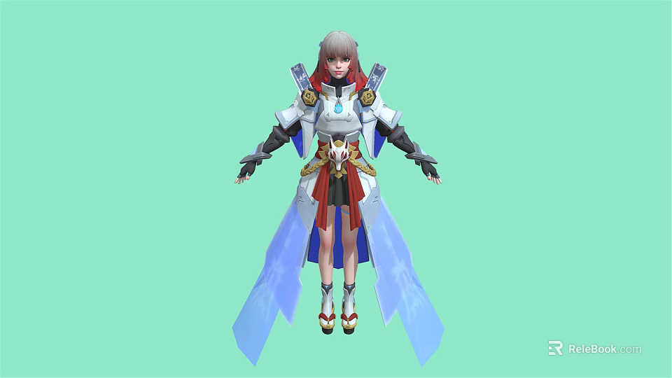 Fantasy 3D Character With Gray Hair Red Highlights White Blue Outfit And Golden Cloak Decorations 3d model 