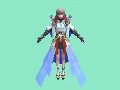 Fantasy 3D Character With Gray Hair Red Highlights White Blue Outfit And Golden Cloak Decorations 3d model